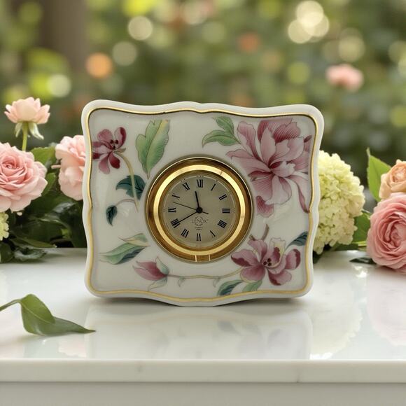 Lenox "Barrington" Desk Clock Mini Square Porcelain Floral Pattern Working! - Picture 1 of 8